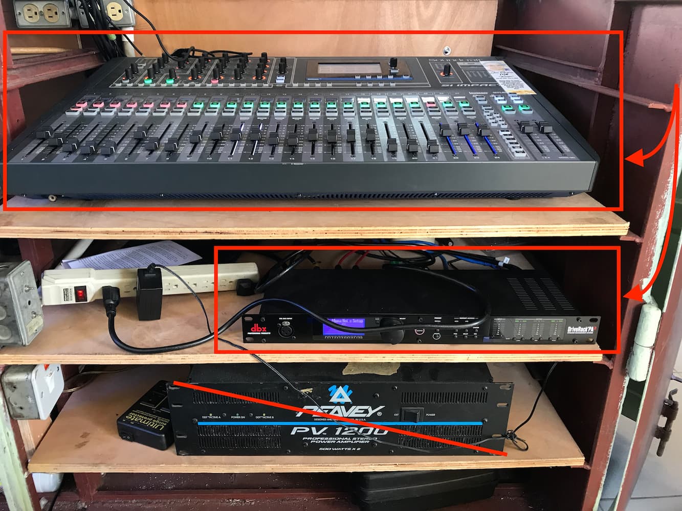 powering on the sound board and dbx DriveRack PA
